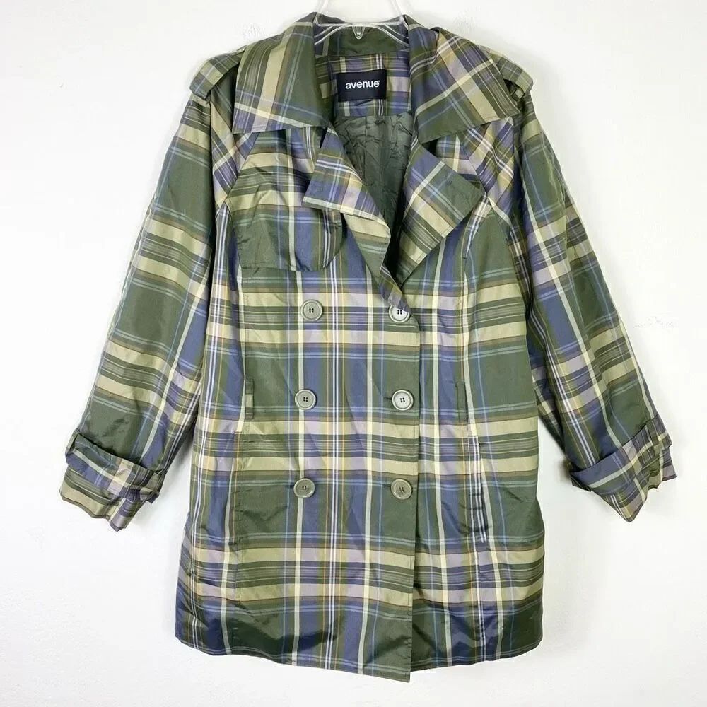Avenue Green Plaid Water Resistant Double Breasted Coat Size 14/16